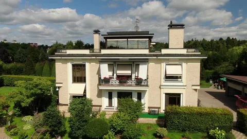 Drone flying forward toward modern house in Peredelkino Stock Footage 330080888