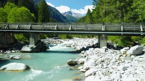 Drone flying forward under bridge over river with stone beach and forest Stock Footage 314198864