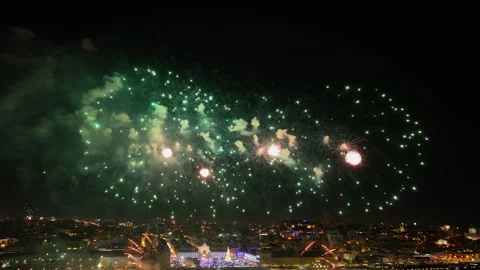 Drone flying in front of the Lisbon skyline and New Years fireworks in Portugal Stock Footage 320384241