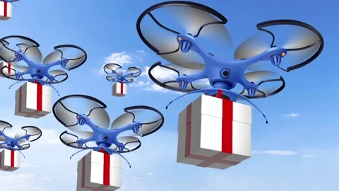 Drone flying with Giftbox Loop Animation Sky Background Stock Footage 226620308