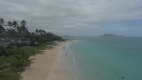 Drone Flying Lanikai Beach On Cloudy Day In Oahu, Hawaii Stock Footage 154168800