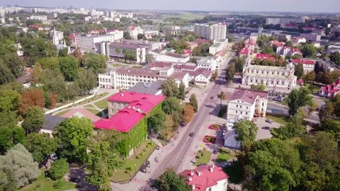 Drone flying left around Eliza Ozheshko street in Grodno, Belarus Stock Footage 134905409