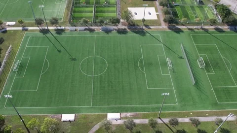 Drone flying from left to right high and parallel to various empty soccer fields 스톡 동영상 311060307
