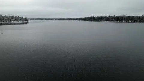 Drone flying low above a large lake that is surrounded by a snowy forest. Stock Footage 255677575