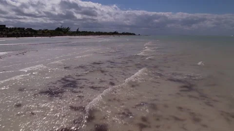 Drone flying low on ocean water close to beach. Clear blue sky. Sunny day Stock Footage 233427969