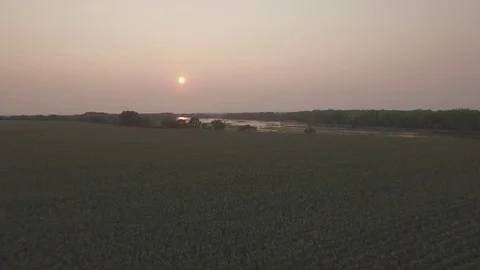 Drone Flying Low Over Cornfield Then Ascends To River Raw Stock Footage 78883495