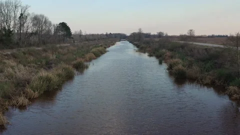 Drone flying low over dismal swamp canal in north carolina Stock Footage 153800694