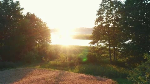 Drone flying low over man and woman at lake shore towards small island and Stock Footage 152594482