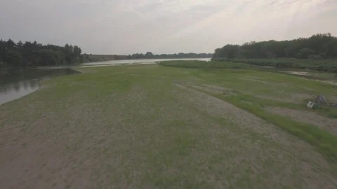 Drone Flying Low Over Sandbar And River Raw Stock Footage 78883174