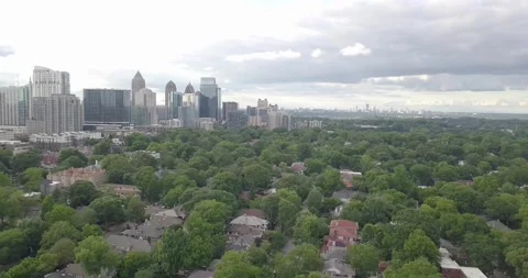 Drone Flying Low over West Atlanta Neighborhoods Towards City Stock Footage 156261137