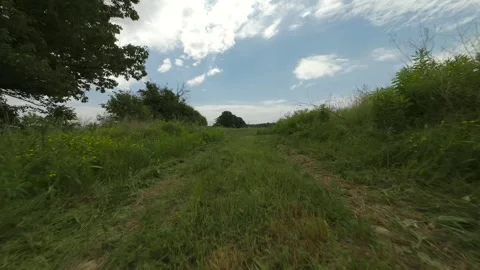 Drone Flying Low Past ATV Along Grass Trail and Rising Over Summer Farmfield Video stock 341818857