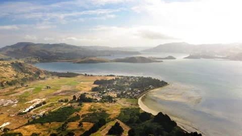 Drone Flying Out Over A Group Of Islands In New Zealand's Dunedin Bay 4K 30F Stock Footage 234648020