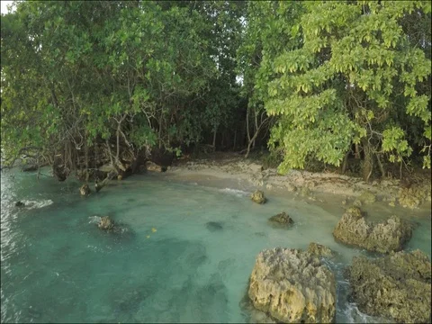 Drone flying out from small tropical beach to the ocean over a kid with canoe 库存影片 83564063