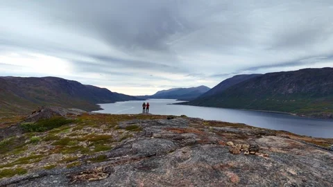Drone Flying Over 2 People Into Fjord Aerial View 4K 스톡 동영상 295075812