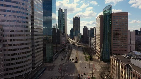 Drone flying over abandoned streets in business center of Warsaw Video stock 127605859
