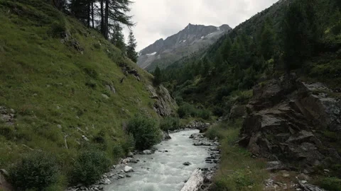 Drone flying over alpine glacial white river of Val Nera Livigno Видео 256174422