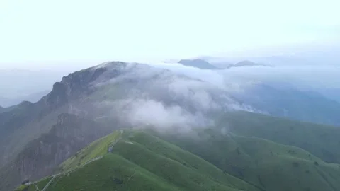 Drone Flying Over Alpine Meadow with Mist Wugong Mountain China Stock Footage 330286488
