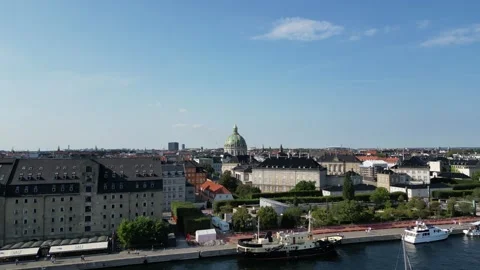 Drone flying over Amalienborg Palace towards Frederiks Kirke in Copenhagen Stock Footage 254909240