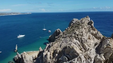 Drone Flying Over The Arch Of Los Cabos Mexico On Hot Sunny Day Video stock 123748448