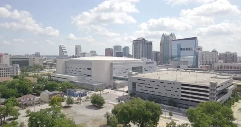 Drone Flying over Arena Towards Downtown Orlando Stock Footage 155947272