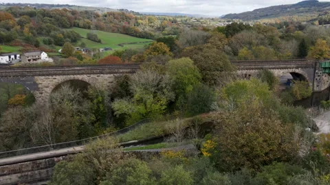 Drone Flying Over Autumnal Forest, River, Aquaduct and Trainline 3, 4K 動画素材 220105800