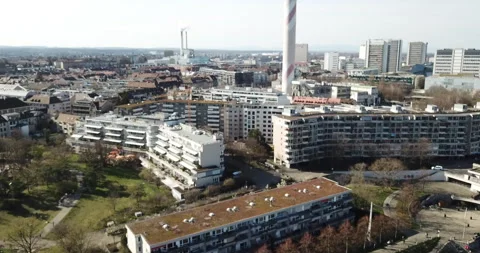 Drone flying over Basel City Switzerland chimney Stock Footage 140280444