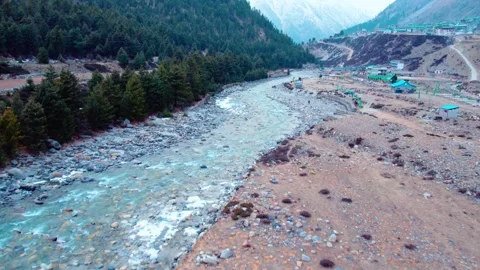 Drone Flying Over Baspa River with Mountain Views – Chitkul Aerial Footage Stock Footage 332489252