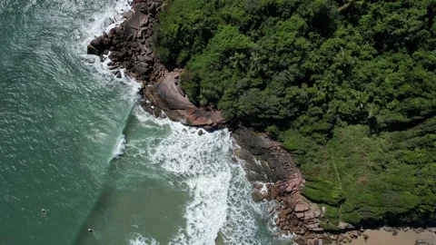 Drone flying over beach and mountain, beach, rocks and mountain with forest Stock Footage 229851810