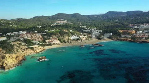 Drone flying over the beach of Cala Tarida. Ibiza. Stock Footage 169042412