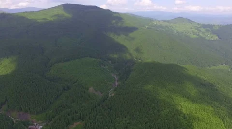 Drone flying over the beautiful forest in the mountains. sunny summer Stock Footage 64779600
