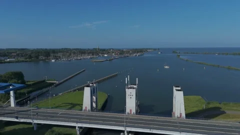 Drone Flying Over Bridge Toward Enkhuizen Harbor Stock Footage 339681961
