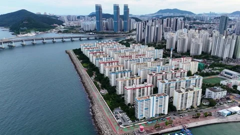 Drone flying over busan namcheon dong waterfront in south korea Stockbeeldmateriaal 338152467
