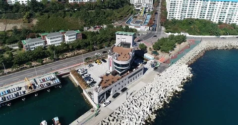 Drone flying over a cafe in Busan, South Korea aerial veiw Stock Footage 101001700