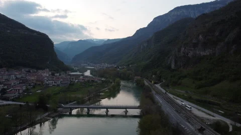Drone flying over campolongo bridge reverse 스톡 동영상 152489515