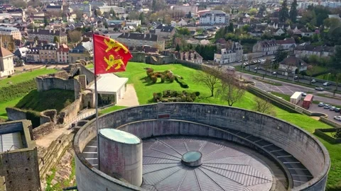 Drone flying over castle of William the Conqueror, tower with Normandy flag Stock Footage 310219205