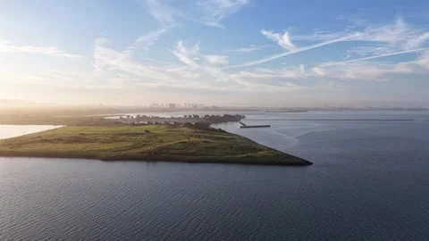 Drone flying over Cesar Chavez Park in Berkeley California 스톡 동영상 332606186