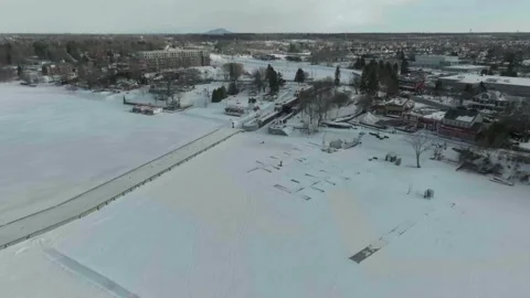 Drone flying over the chambly channel in the winter a historic site of canada n Stock Footage 341583296