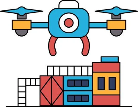 A drone is flying over a city with a large building in the background Ilustración de archivo
