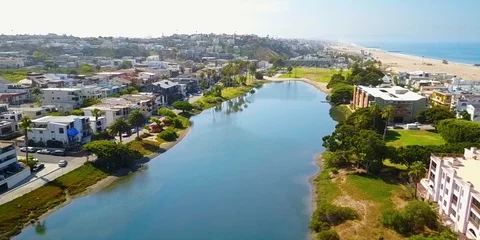 Drone flying over city of playa del rey Stock Footage