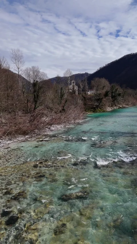 Drone flying over clear water river Stock Footage 307417567