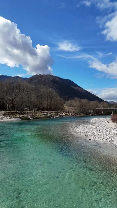 Drone flying over clear water river Stock Footage 307417593