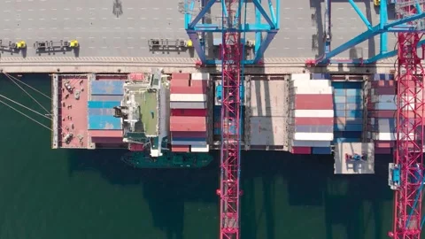 Drone flying over a container ship during cargo operations over the customs area Stock Footage 137221141
