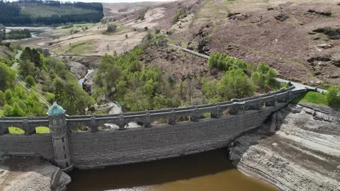 Drone flying over the Craig Goch Dam in the Elan Valley Wales Video stock 308242048