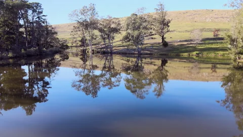 Drone flying over dam with trees reflecting on water Stock-Footage 160309689
