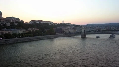 Drone flying over the Danube River towards the Budapest Chain Bridge Stock Footage 114666882
