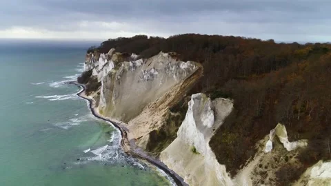 Drone flying over Denmarks highest cliff Mons Klint 4K Stock Footage 235449670