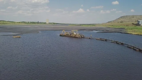 Drone flying over a dredger ship Stock Footage 116624053
