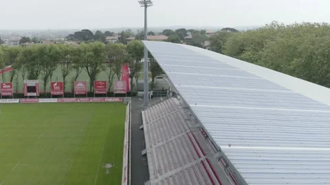 Drone flying over empty Serge Kampf Stand in Parc des Sports Aguiléra stadium Stockbeeldmateriaal 308232915