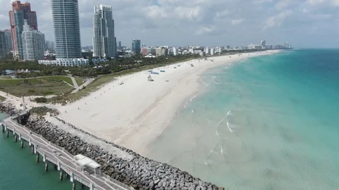 Drone Flying Over Empty South Beach During Covid 19 Lockdown Stock Footage 127064428