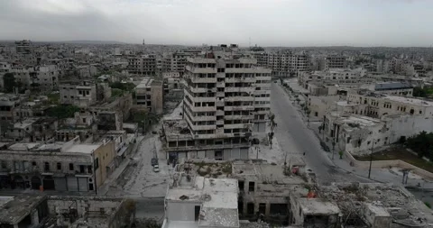 Drone flying over the empty streets of Aleppo, Syria. We can see buildings in ru 스톡 동영상 149569875